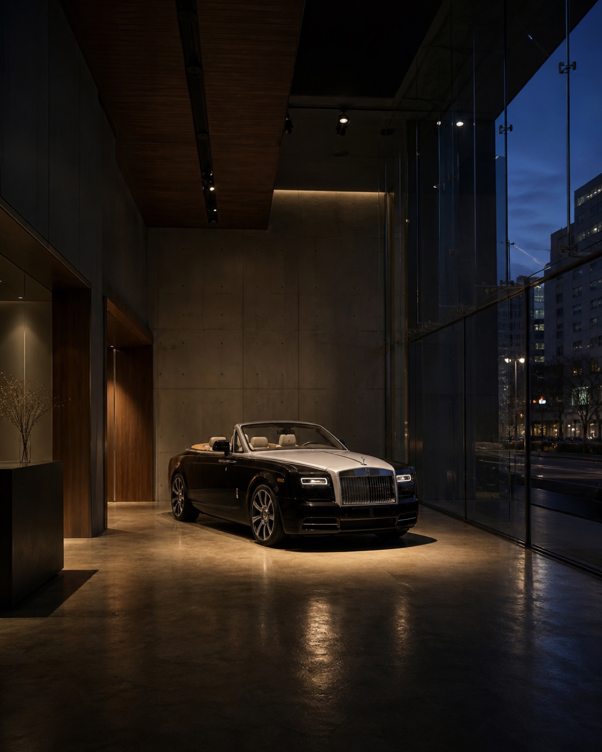 Tokyo dealership interior concept — Lamborghini under a single overhead spotlight