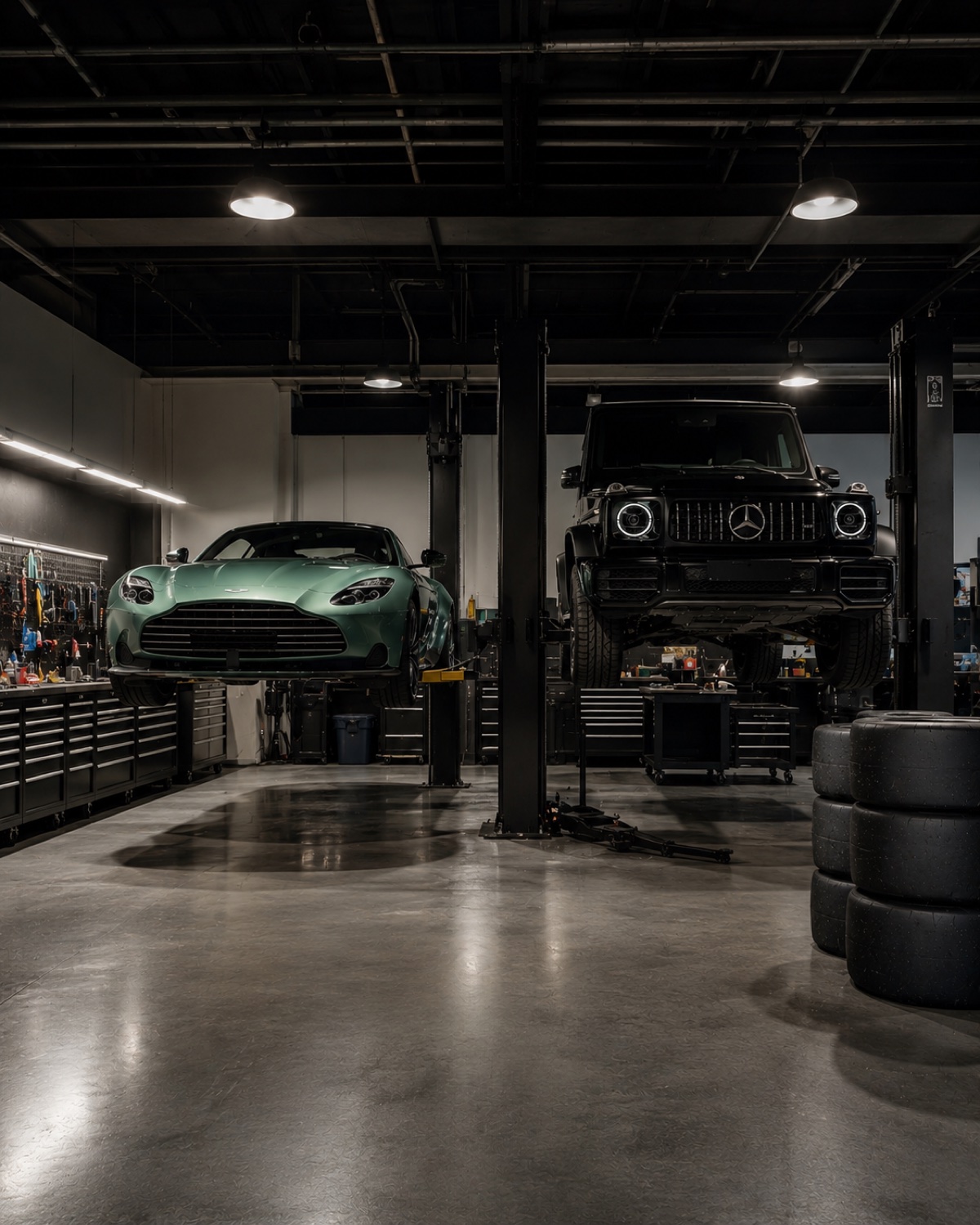 Race-grade service workshop concept — Porsche 911 GT3 on a two-post lift